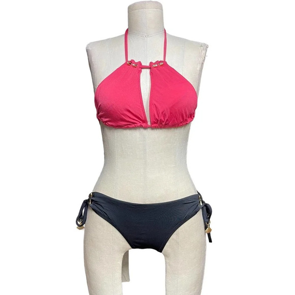 Trina Turk Tokyo Black Loop‎ Side Bikini Bottom w/ Red Top Size 10 - Picture 1 of 12